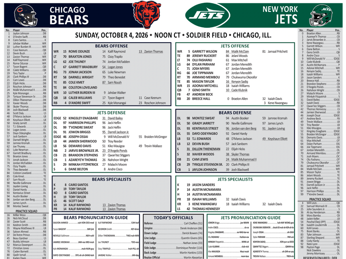 2026 NFL Chicago Bears vs New York Jets 10/4/26 Flip Card Program