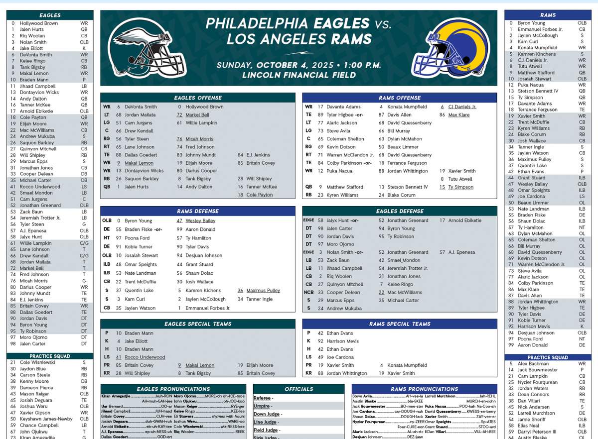 2026 NFL Philadelphia Eagles vs Los Angeles Rams 10/4/26 Flip Card Program