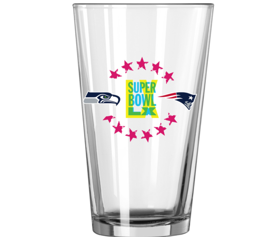 2026 Super Bowl LX 60 Dueling Pint Glass New England Patriots Seattle Seahawks