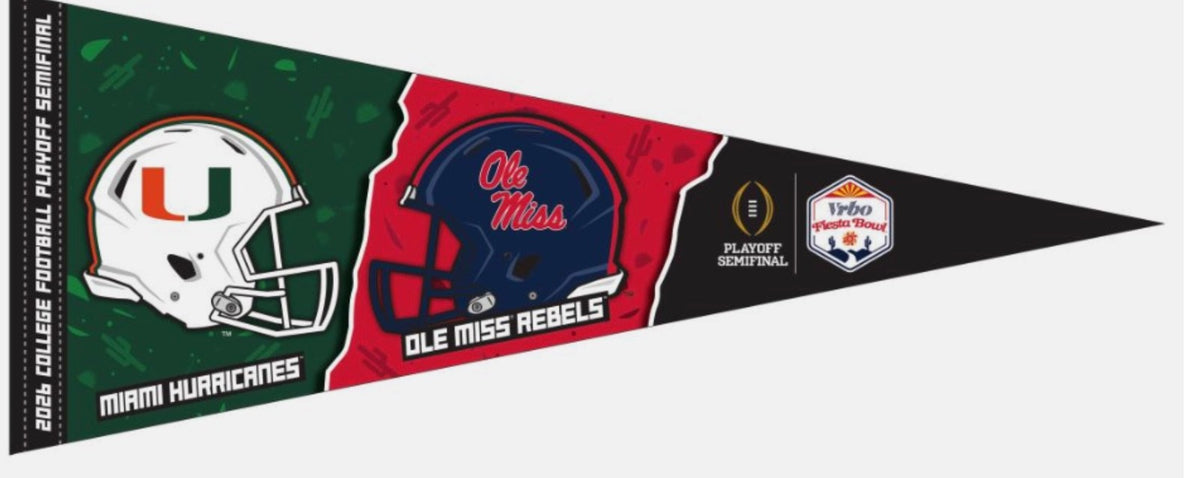 2026 CFP Fiesta Bowl Dueling Pennant Miami Hurricanes Ole Miss Rebels 1/8/26