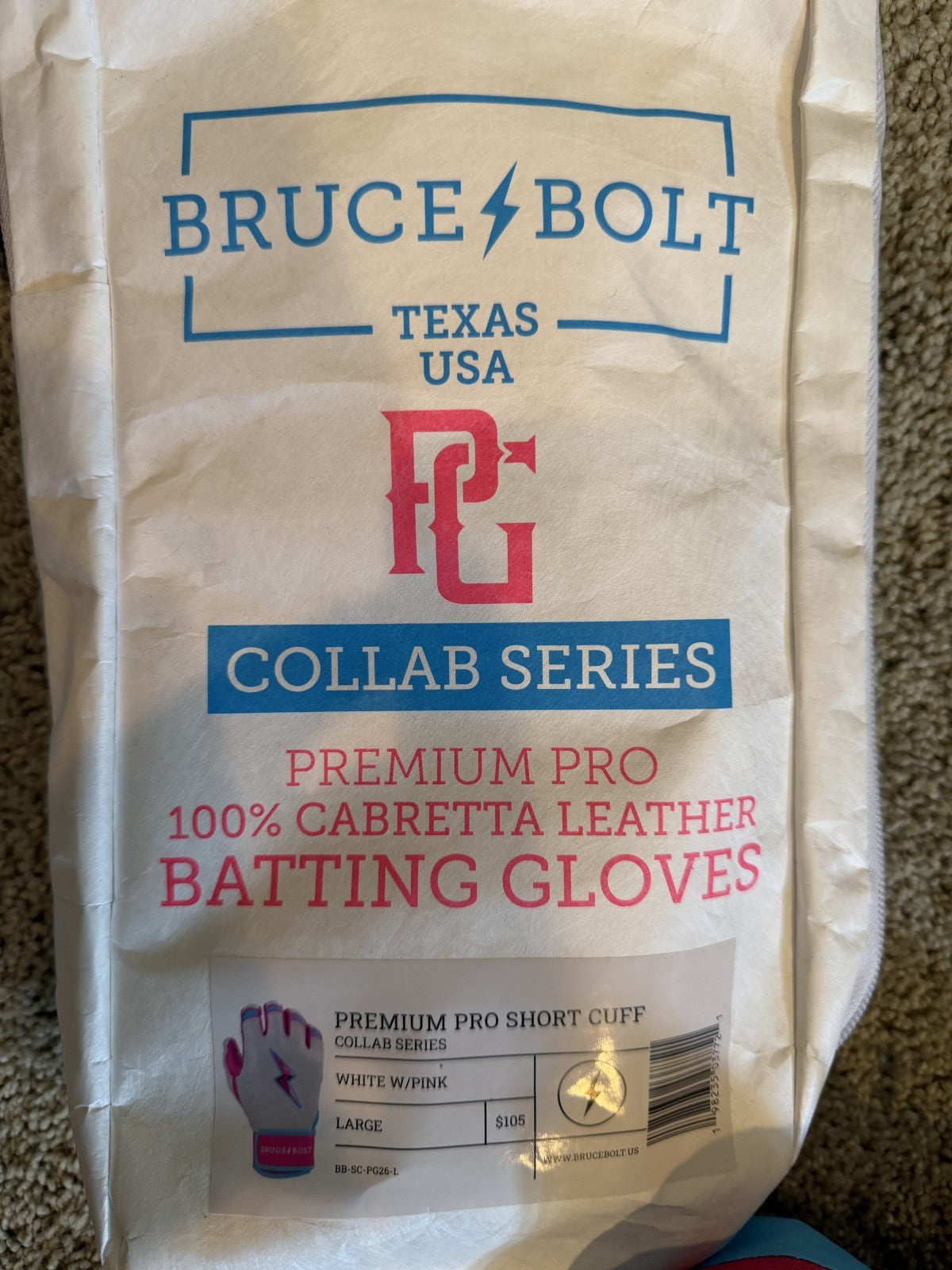 Bruce Bolt PG Collab Short Cuff Batting Gloves White w/Pink Large NEW