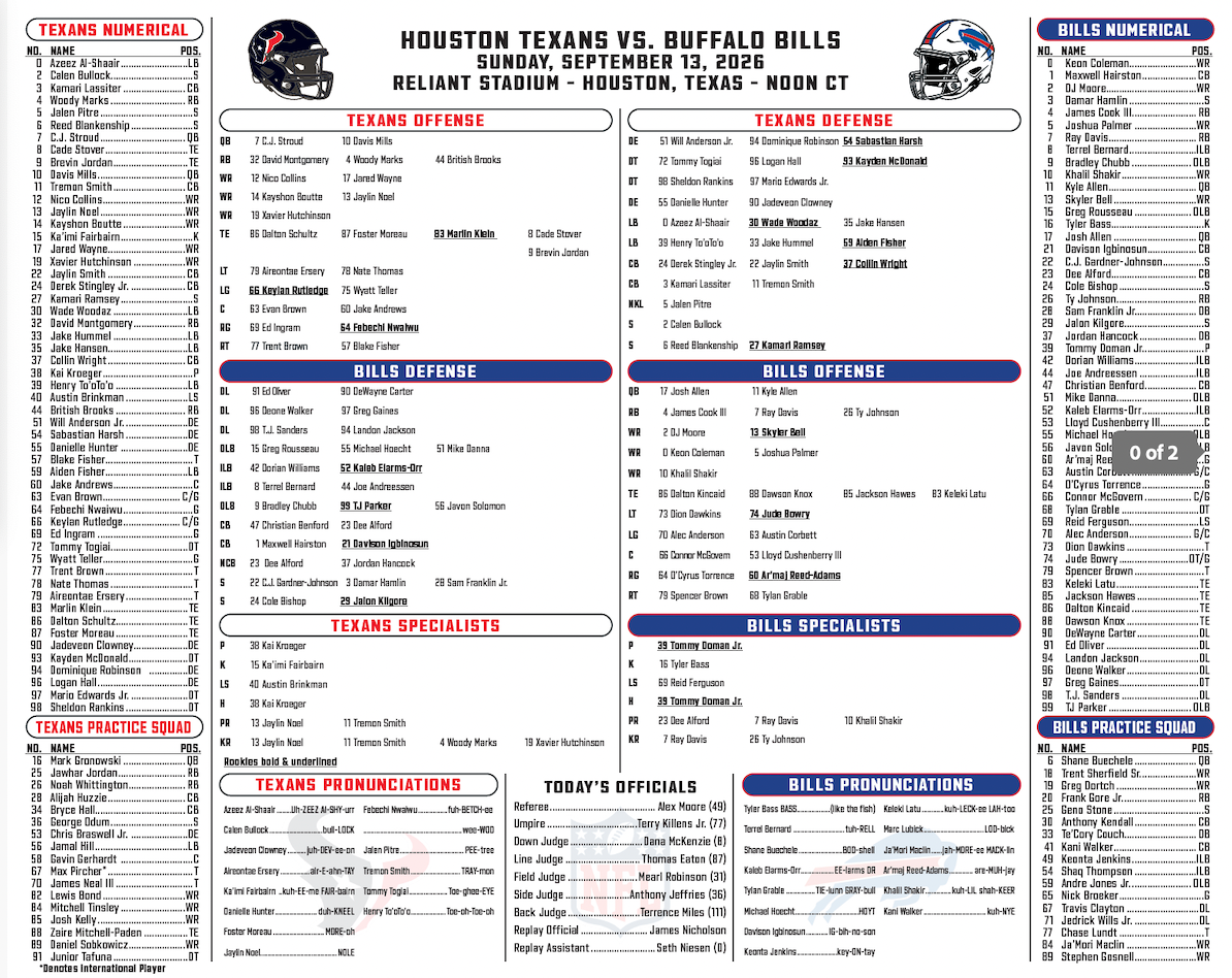 2026 NFL Houston Texans vs Buffalo Bills 9/13/26 Flip Card Program