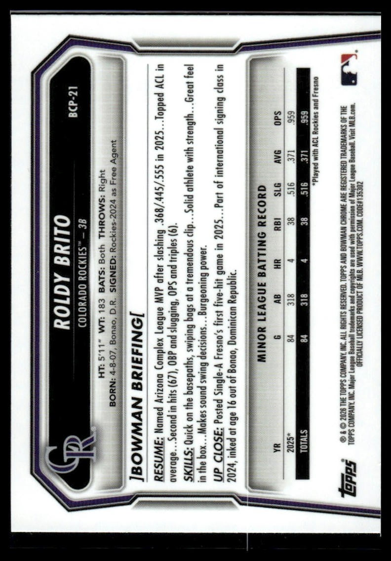2026 Bowman #BCP-21 Roldy Brito Chrome Prospects