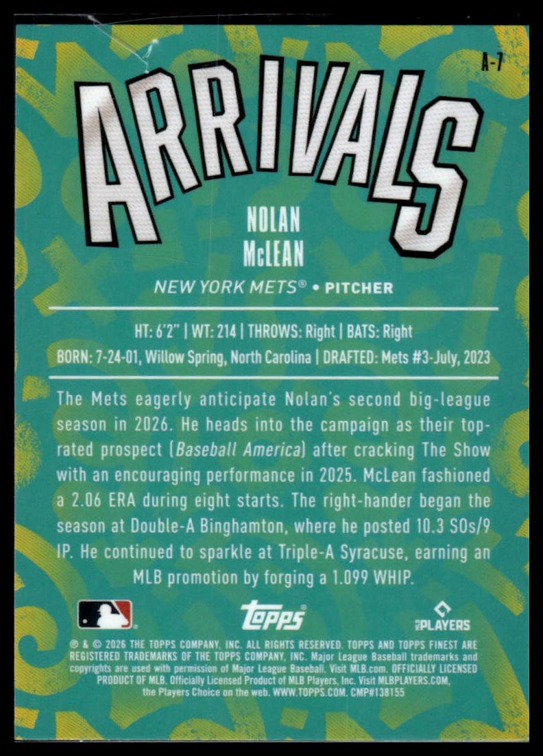 2026 Finest #A-7 Nolan McLean Arrivals