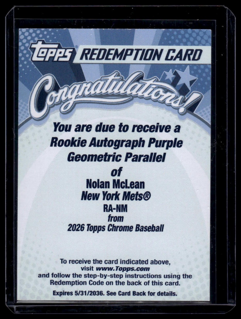 2026 Topps Chrome #RA-NM Nolan McLean Rookie Auto Purple Geo Refractors #/75