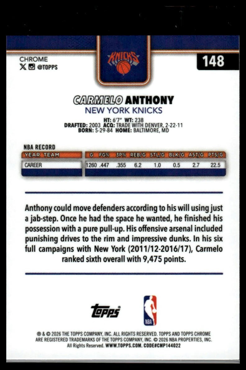 2025-26 Topps Chrome Update #148 Carmelo Anthony X-Fractor