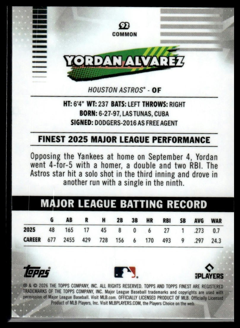 2026 Finest #92 Yordan Alvarez