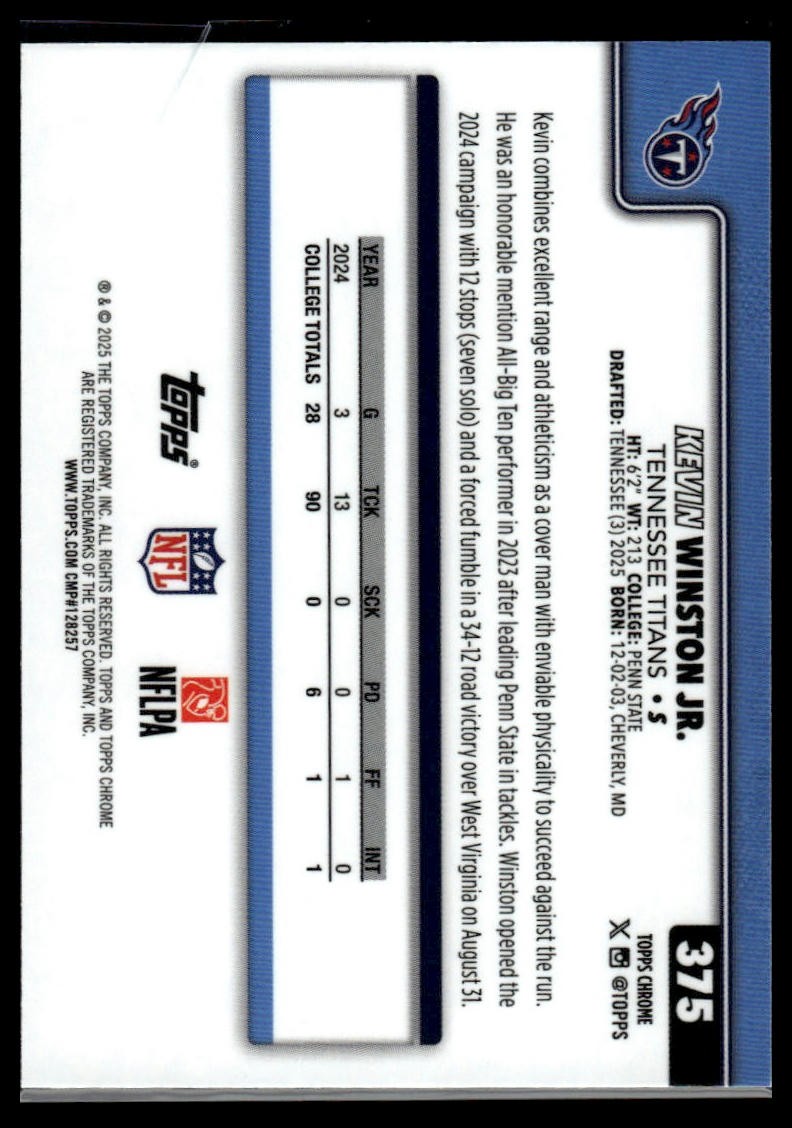 2025 Topps Chrome #375 Kevin Winston Jr. Topps Refractor