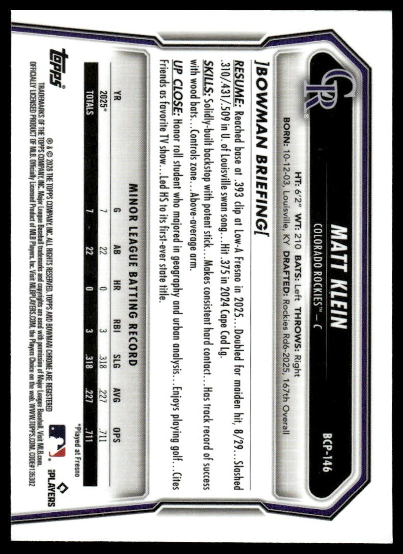 2026 Bowman #BCP-146 Matt Klein Chrome Prospects