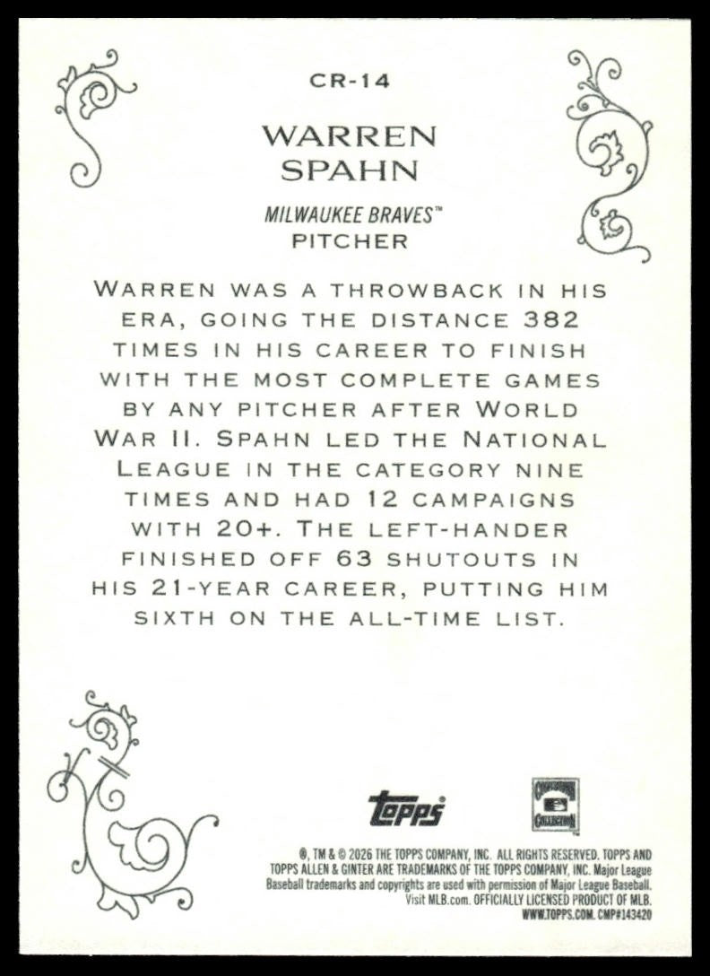2026 Topps Allen & Ginter #CR-14 Warren Spahn Career 250