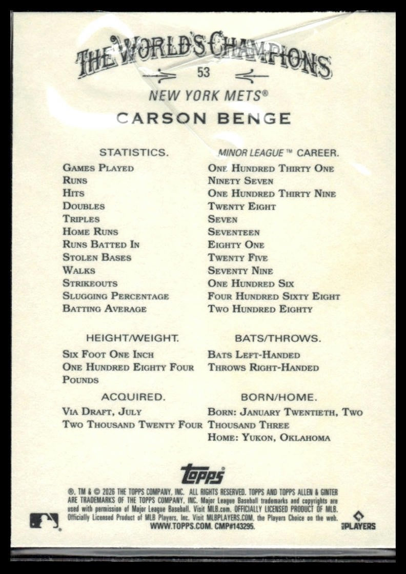 2026 Topps Allen & Ginter #53 Carson Benge