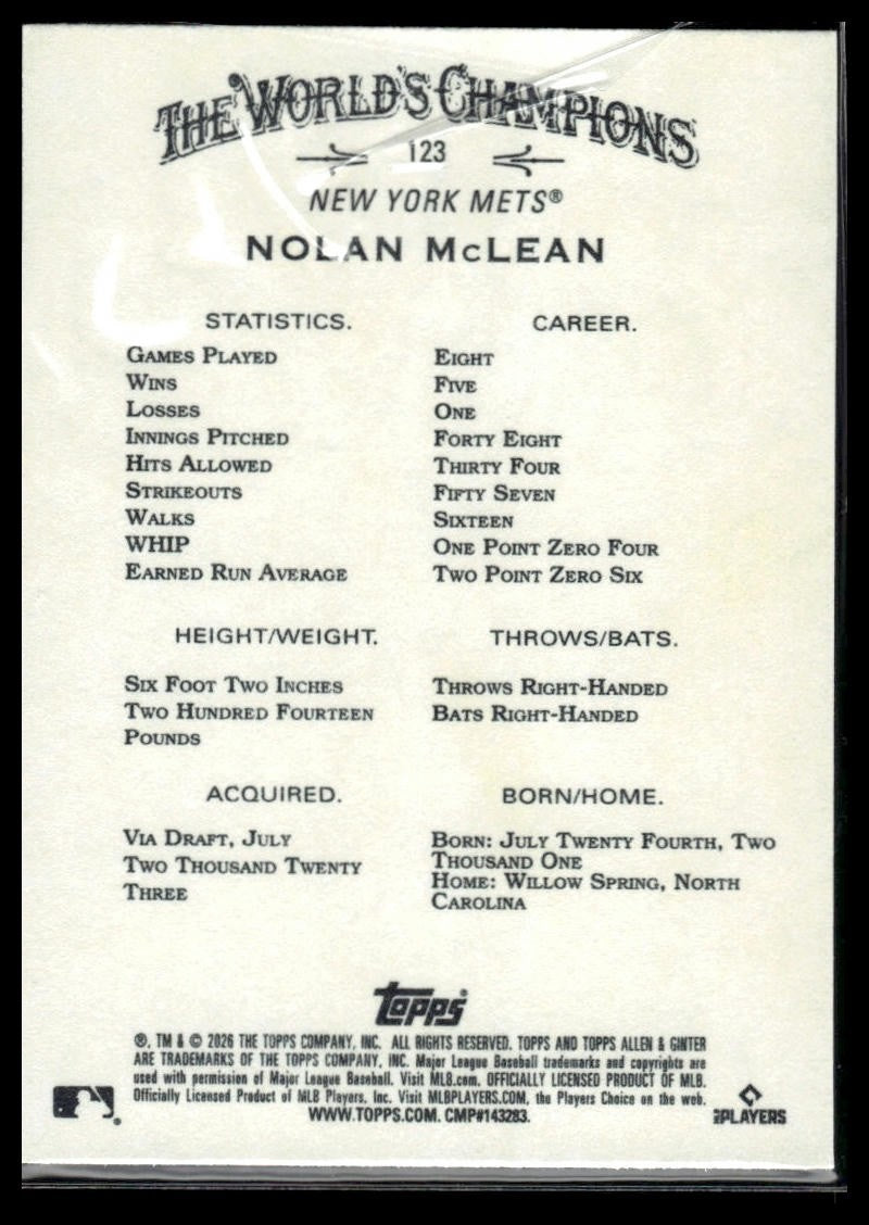 2026 Topps Allen & Ginter #123 Nolan McLean