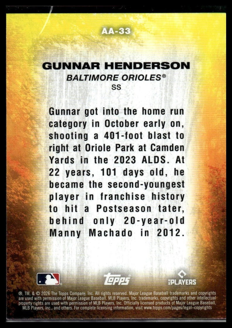2026 Topps Update #AA-33 Gunnar Henderson Autumn Ascensions