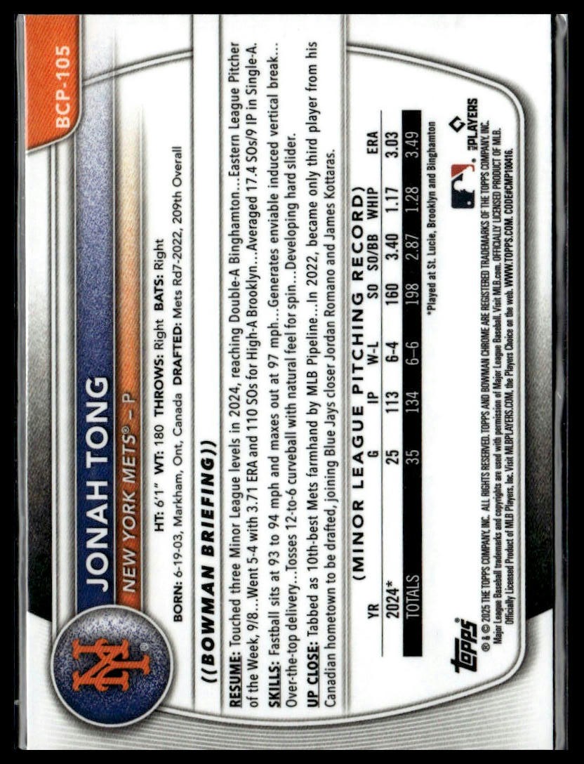 2025 Bowman #BCP-105 Jonah Tong Chrome Prospects