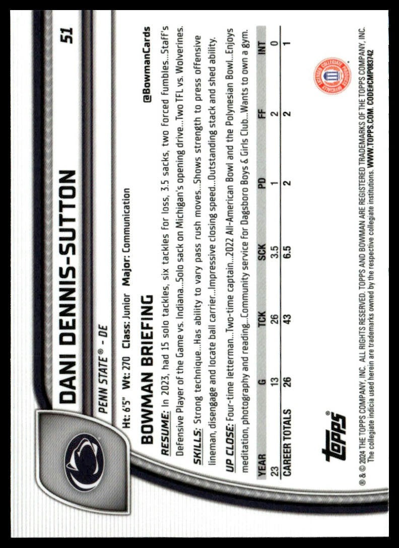 2024 Bowman University Chrome Sapphire Edition #51 Dani Dennis-Sutton