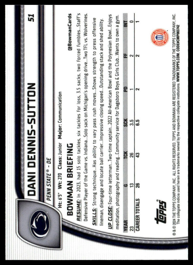 2024 Bowman University Chrome #51 Dani Dennis-Sutton