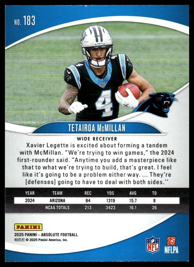 2025 Panini Absolute #183 Tetairoa McMillan Blue