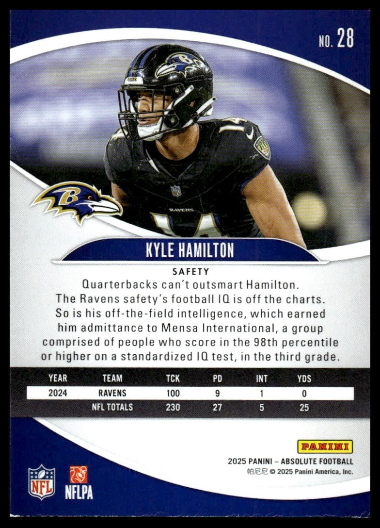 2025 Panini Absolute #28 Kyle Hamilton Purple