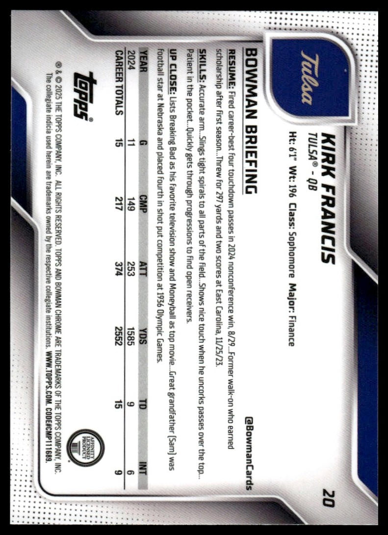 2025 Bowman University Chrome #20 Kirk Francis