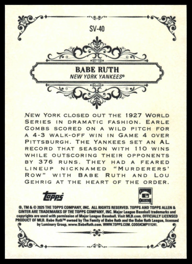 2025 Topps Allen & Ginter #SV-40 Babe Ruth Sweet Victory