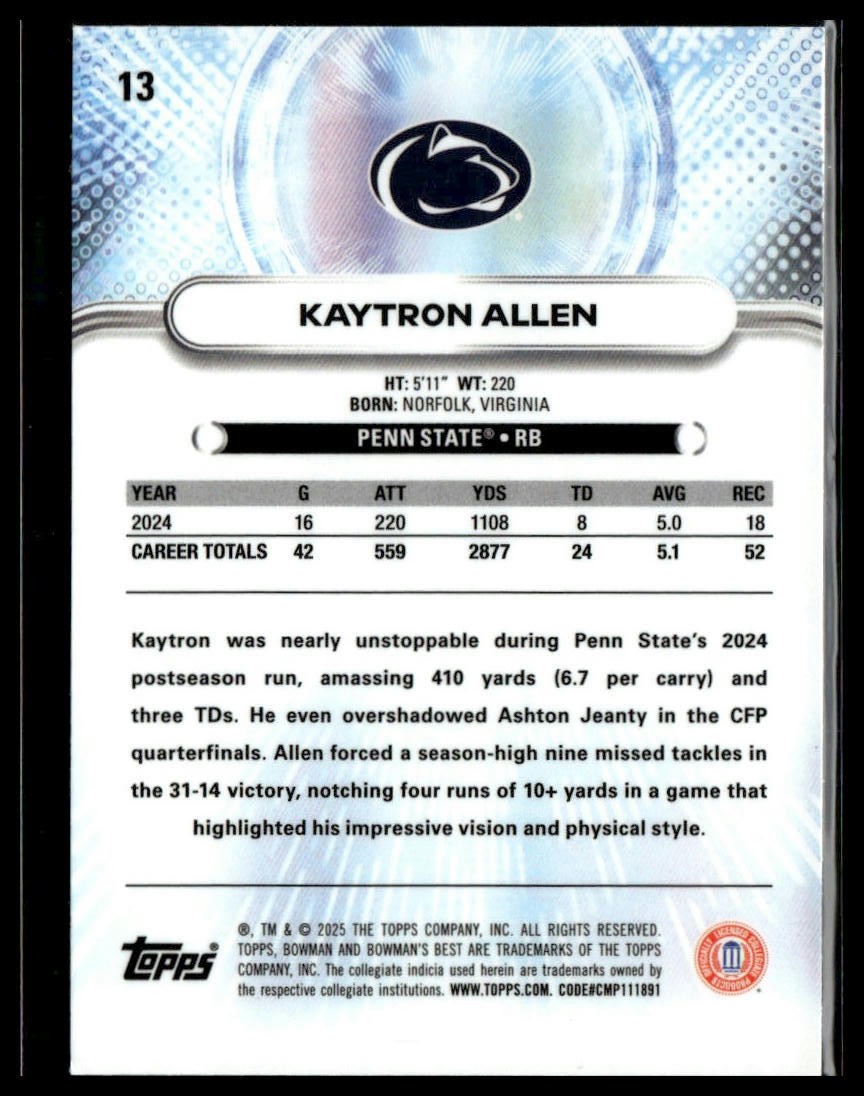 2025 Bowman University Best #13 Kaytron Allen