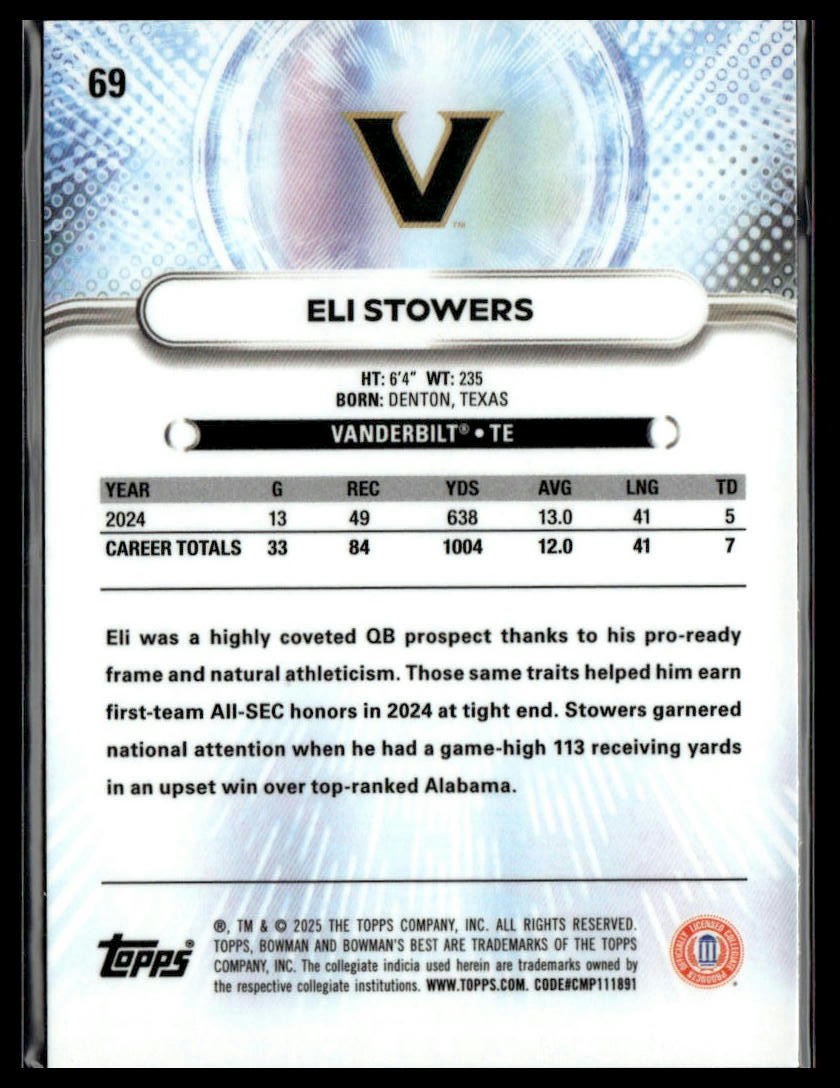 2025 Bowman University Best #69 Eli Stowers