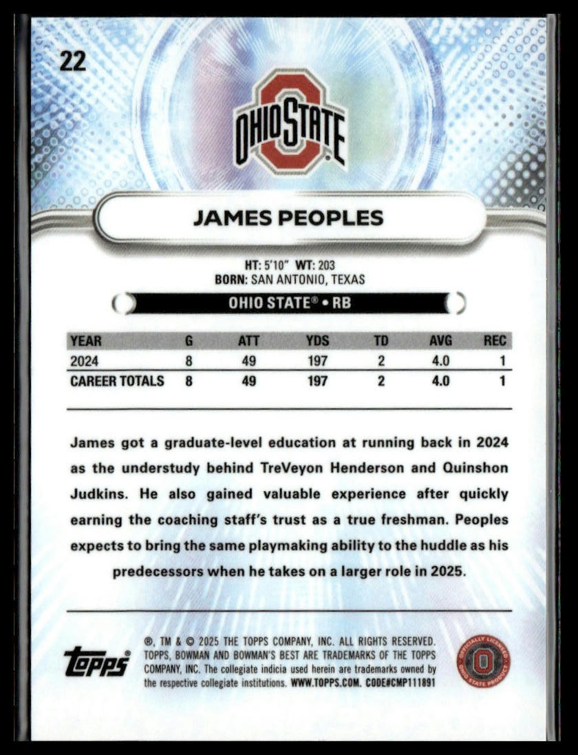 2025 Bowman University Best #22 James Peoples Yellow Lazer #/250