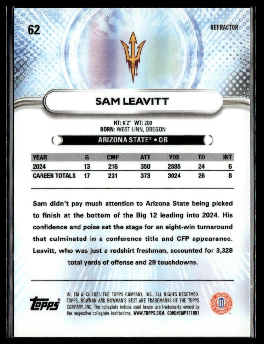 2025 Bowman University Best #62 Sam Leavitt Refractor