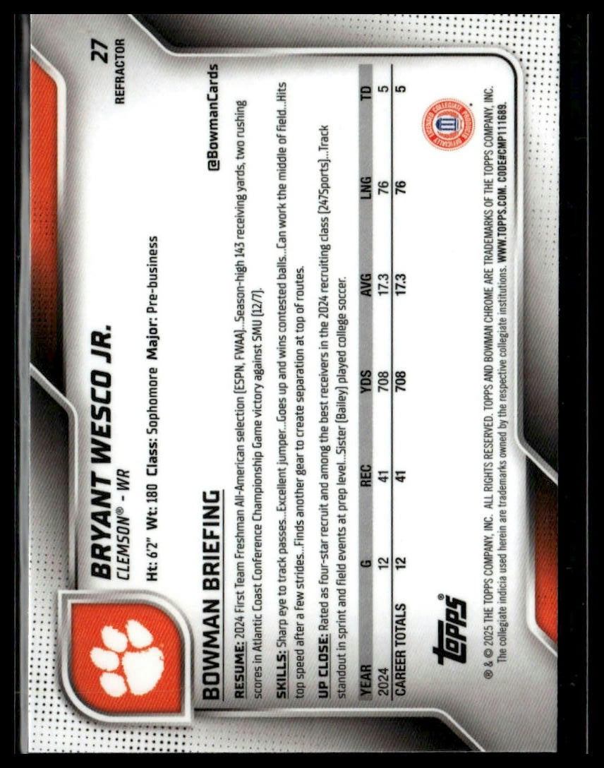 2025 Bowman University Chrome #27 Bryant Wesco Jr.