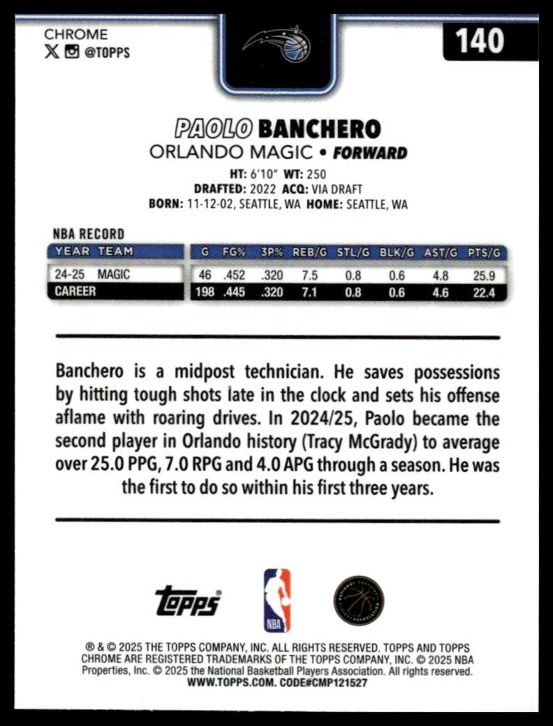 2025-26 Topps Chrome #140 Paolo Banchero