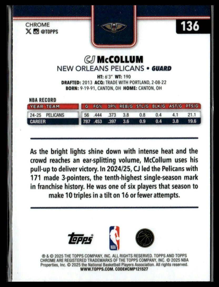 2025-26 Topps Chrome #136 CJ McCollum Refractors
