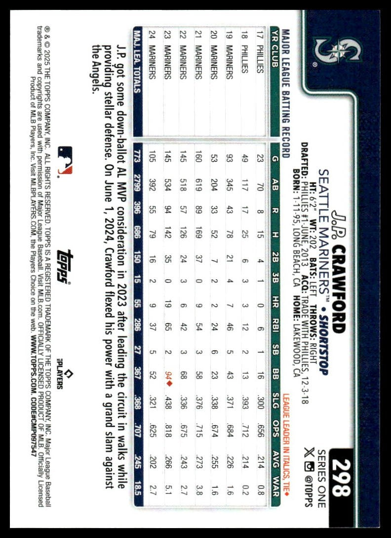 2025 Topps Seattle Mariners #SEA-9 J.P. Crawford