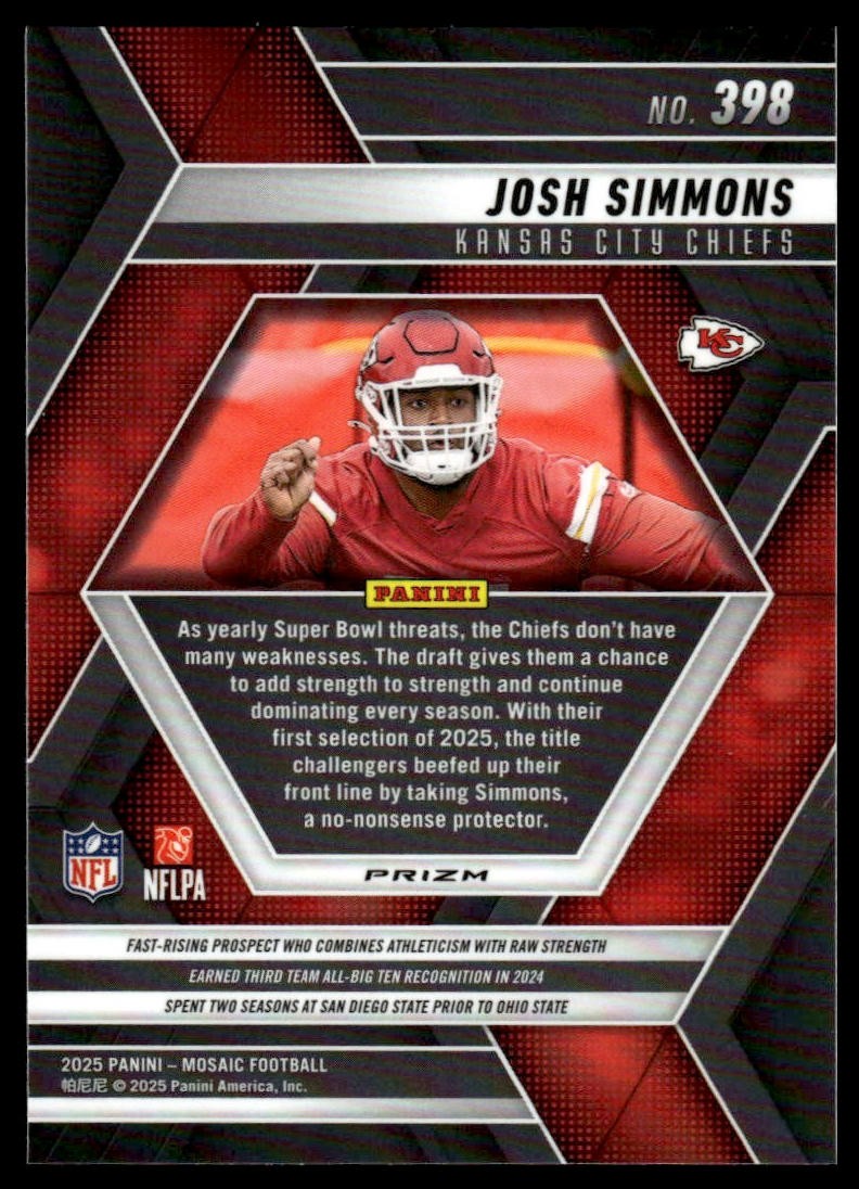 2025 Panini Mosaic #398 Josh Simmons Mosaic Red and White Stripe