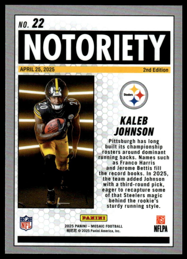 2025 Panini Mosaic #22 Kaleb Johnson Notoriety