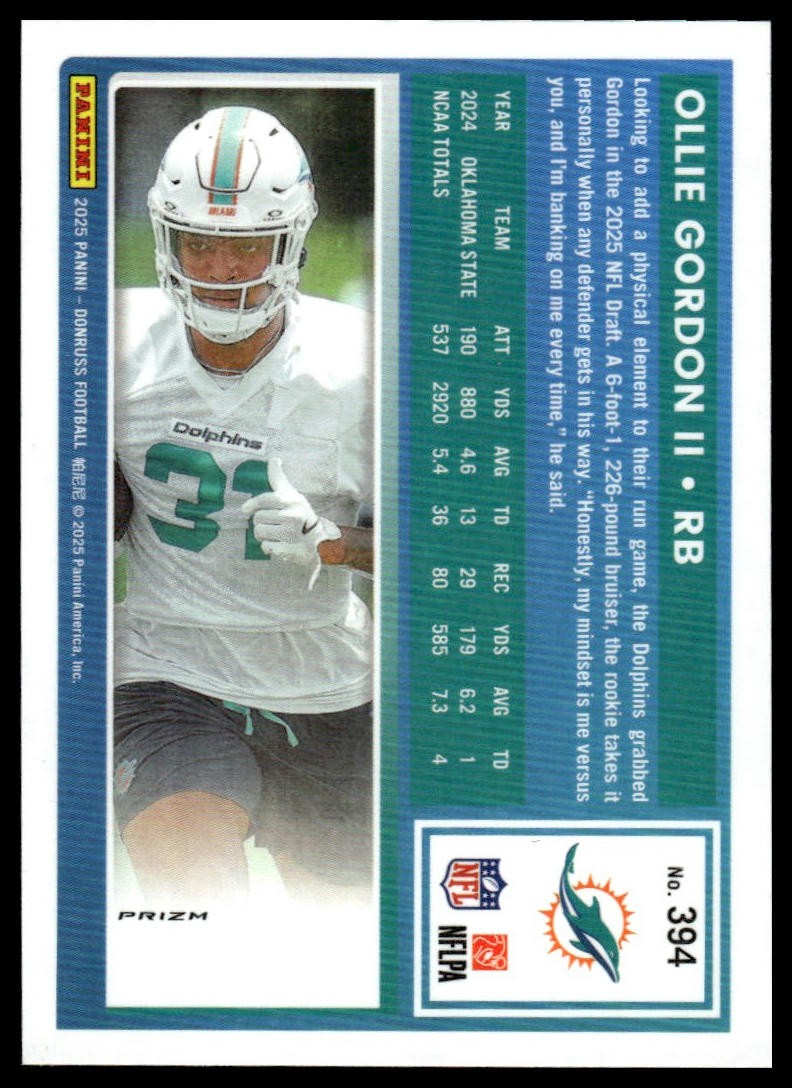 2025 Donruss #394 Ollie Gordon II Optic Rated Rookies Preview Pink