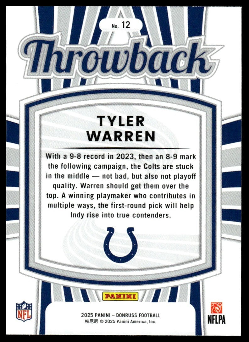 2025 Donruss #12 Tyler Warren Rated Rookies Throwback