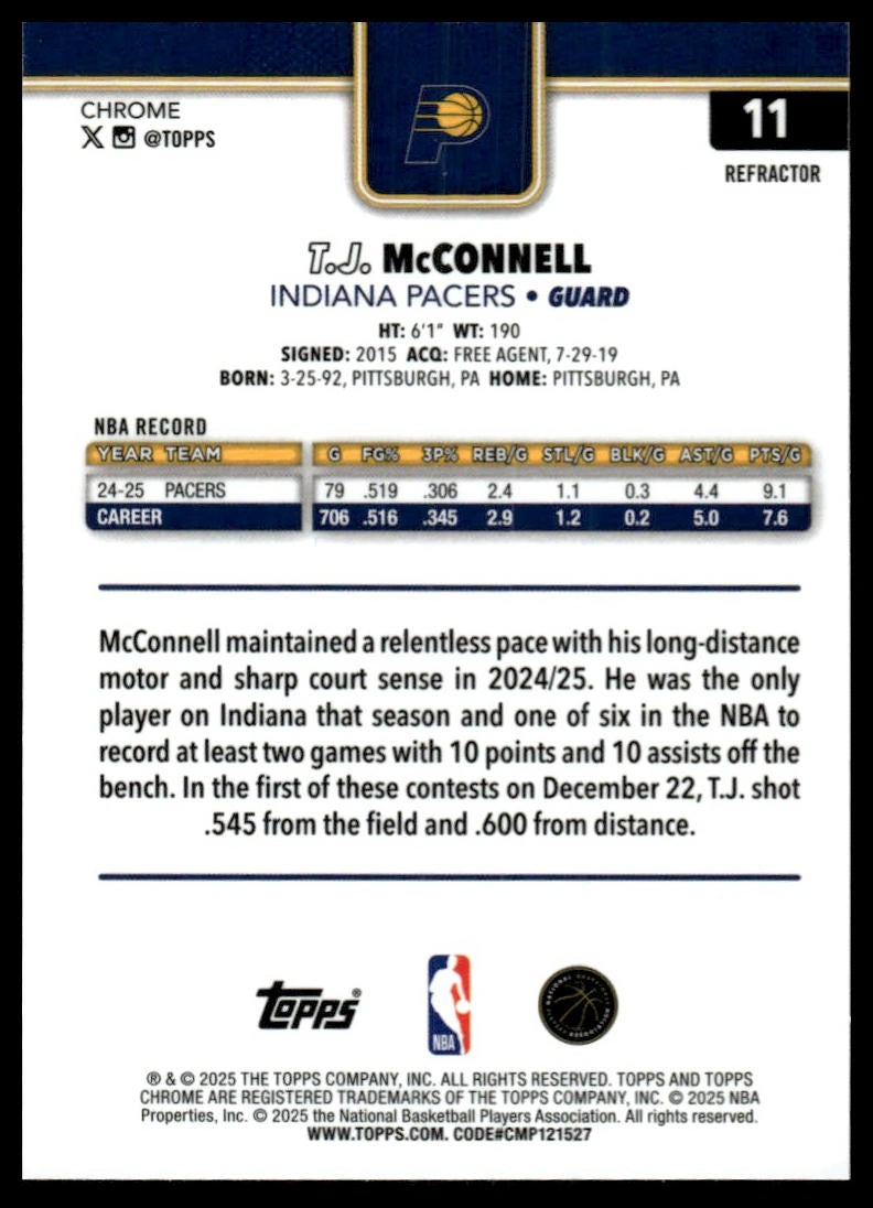 2025-26 Topps Chrome #11 T.J. McConnell Refractor
