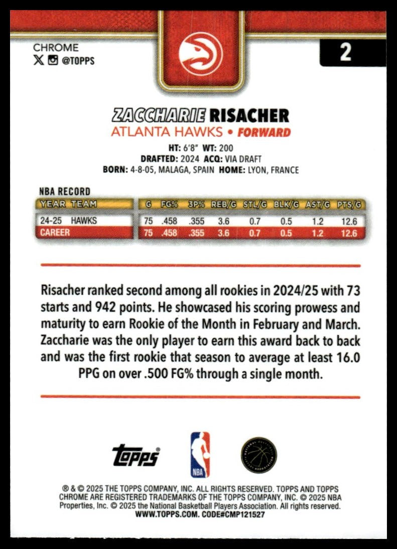 2025-26 Topps Chrome #2 Zaccharie Risacher