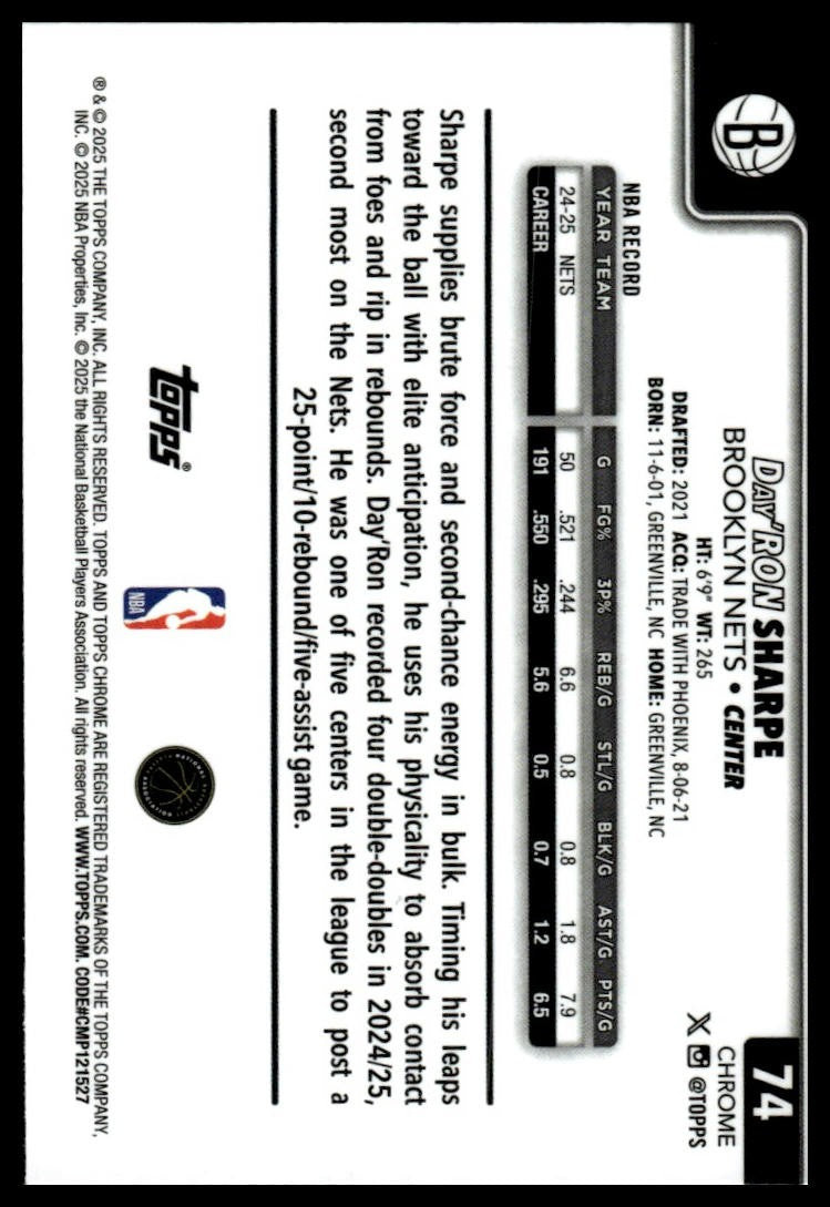 2025-26 Topps Chrome #74 Day'Ron Sharpe