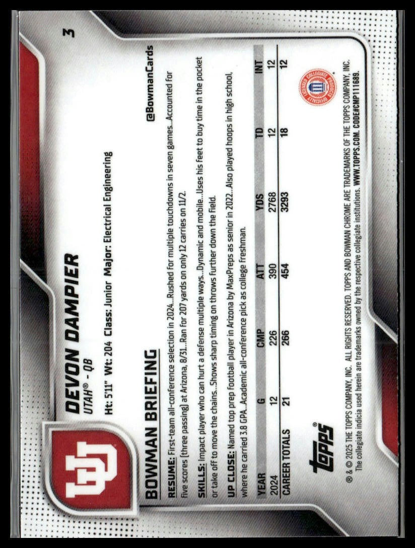2025 Bowman University Chrome #3 Devon Dampier