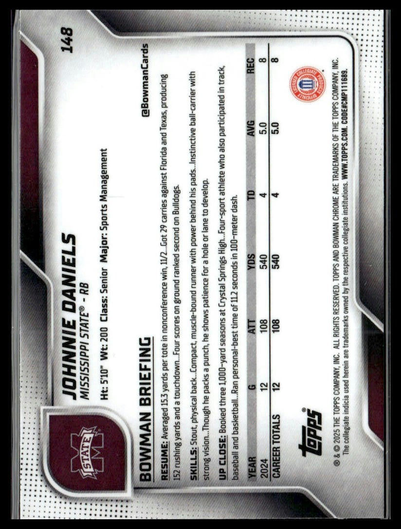 2025 Bowman University Chrome #148 Johnnie Daniels