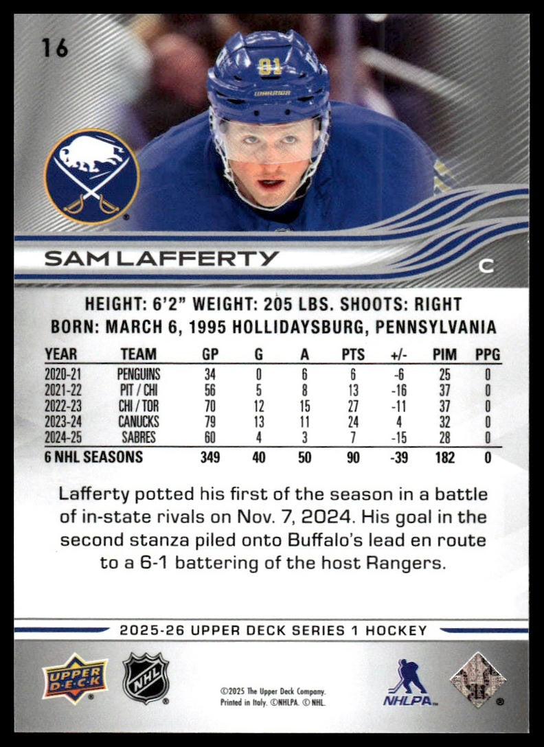 2025-26 Upper Deck #16 Sam Lafferty