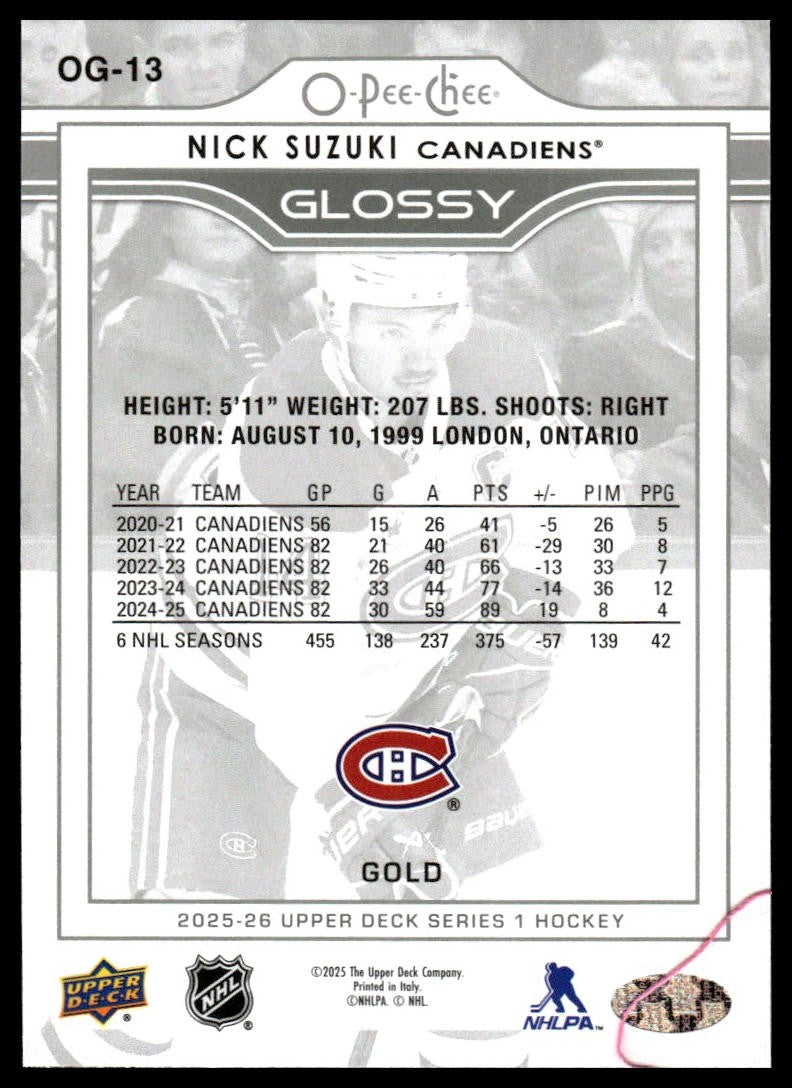 2025-26 Upper Deck #OG-13 Nick Suzuki O-Pee-Chee Glossy Gold
