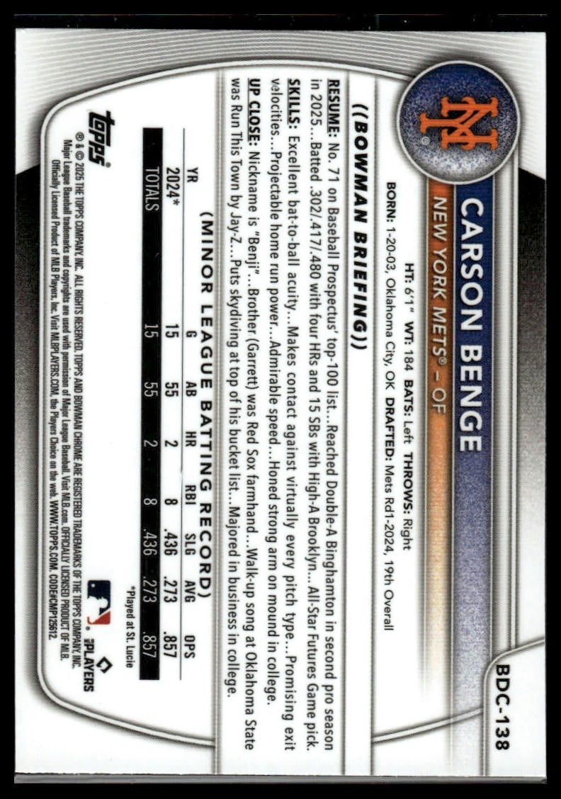 2025 Bowman Draft #BDC-138 Carson Benge Chrome X-Fractor
