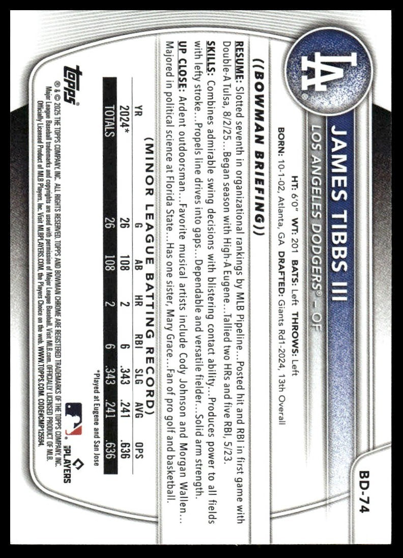 2025 Bowman Draft #BD-74 James Tibbs III