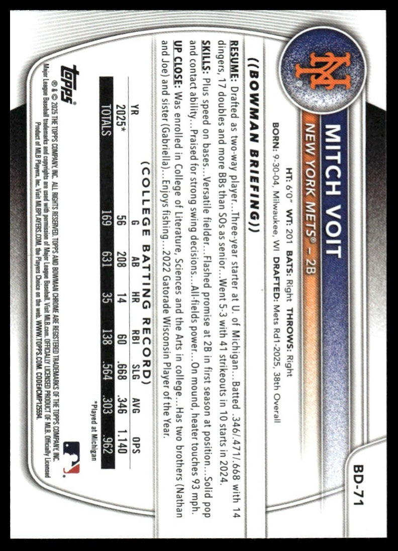 2025 Bowman Draft #BD-71 Mitch Voit