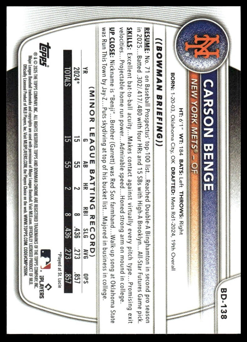 2025 Bowman Draft #BD-138 Carson Benge