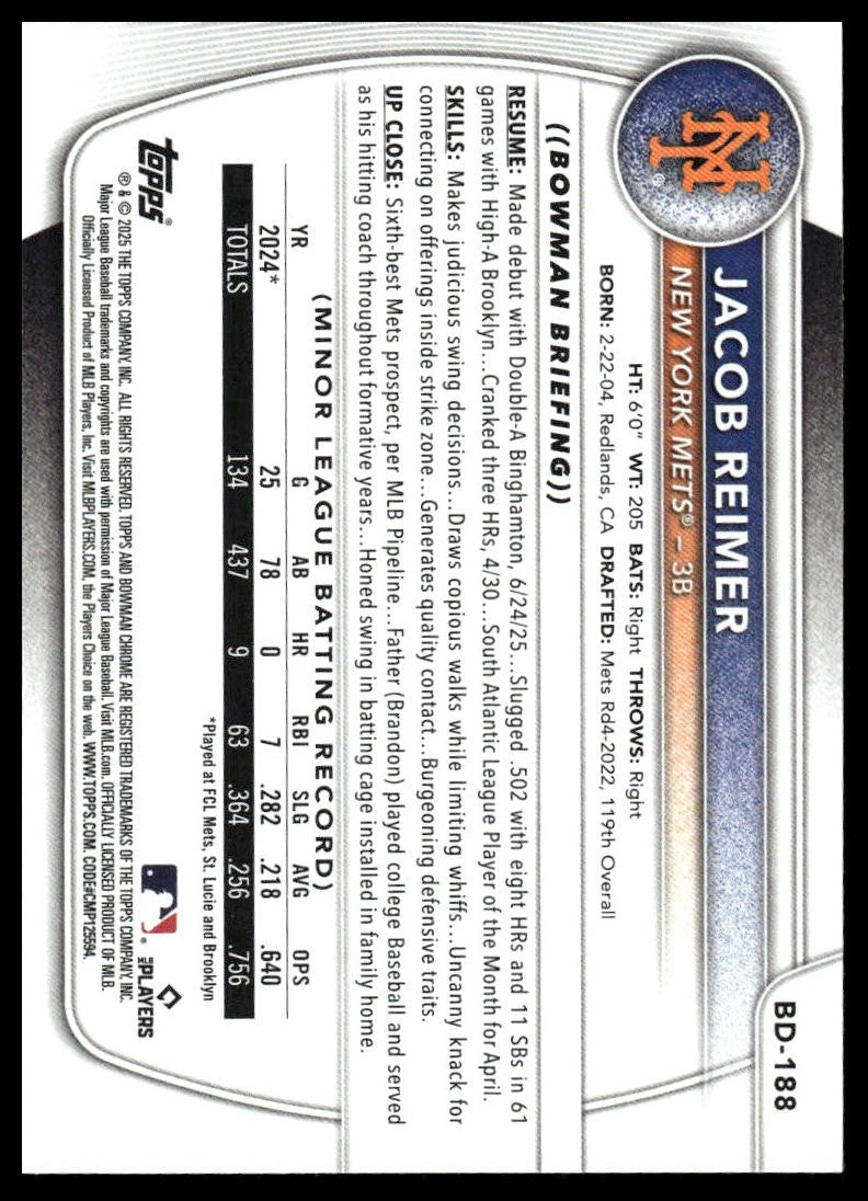 2025 Bowman Draft #BD-188 Jacob Reimer