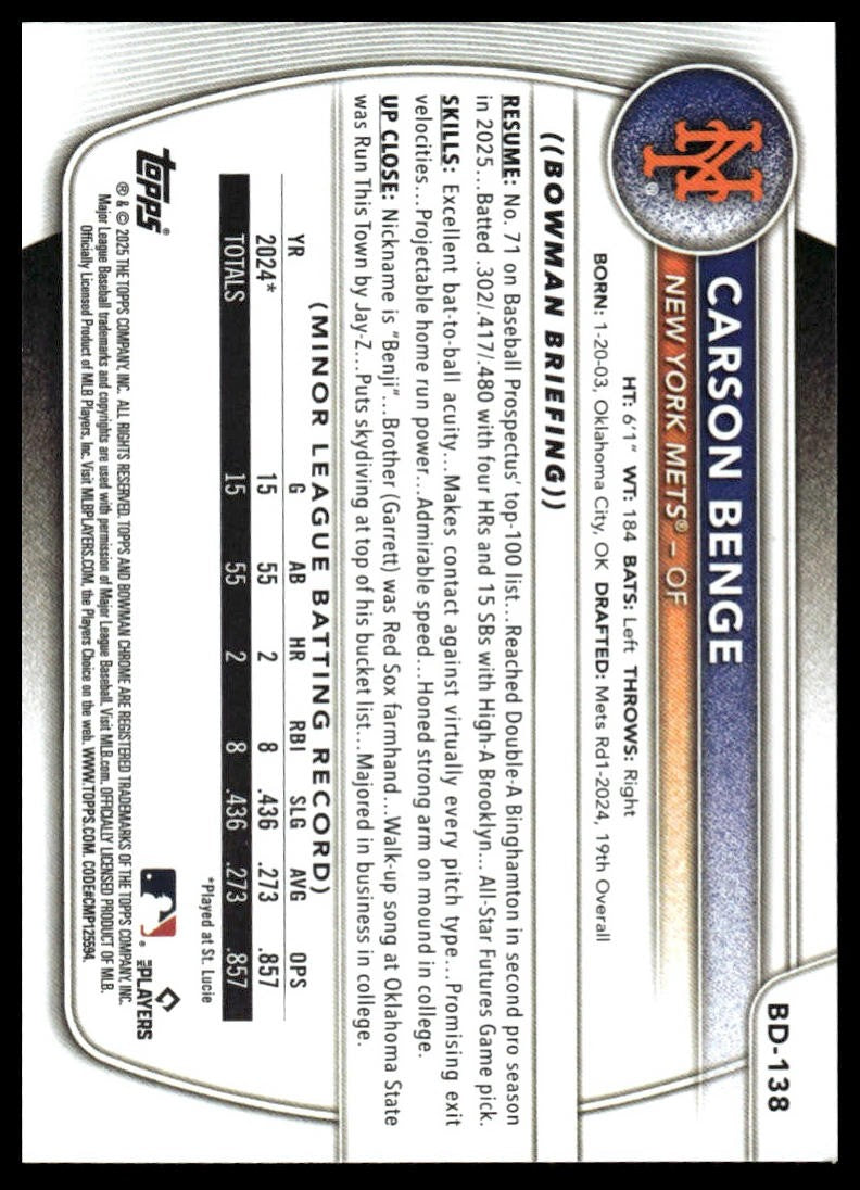 2025 Bowman Draft #BD-138 Carson Benge