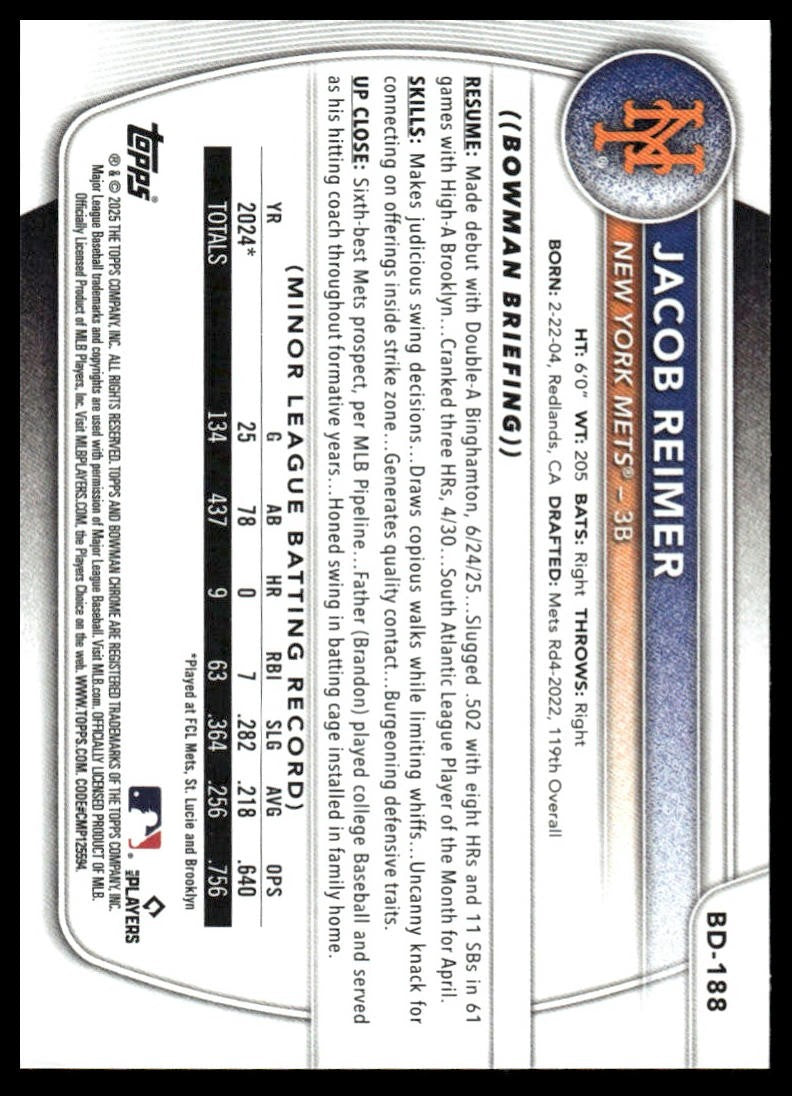 2025 Bowman Draft #BD-188 Jacob Reimer